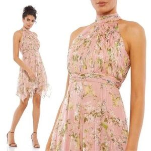 NWT Mac Duggal Floral Pleated Halter Neck Dress Size 6 Pink Multi